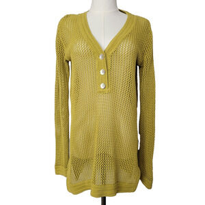 Chicos Green Sweater Open Weave Sz 2 (L 12) 100% Cotton Boho Cottagecore Casual